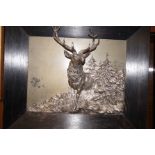 Framed silver plated plaque depicting a stag in re