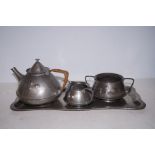 Tudric 03030 (Liberty) three piece pewter tea serv