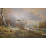 Framed oil on canvas, river scene with pheasants i