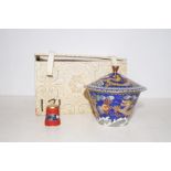 Case cloisonne lidded jar together with a thimble