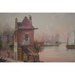 Framed oil on canvas: Dutch river scene