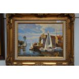 Gilt framed oil on board: Harbor scene