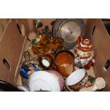 Box of glass and ceramics to include a bronze