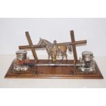 Edwardian oak desk stand, with two inkwells, jocke