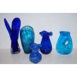 5 pieces of blue art glass. Largest 33cm