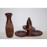 African Carved Wooden Vase and Inlaid Cake Stand