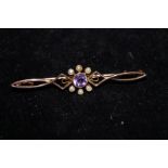9ct Gold amethyst and seed pearl pin brooch