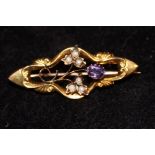 9ct gold pin brooch set with amethyst and 6x pearl