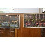 Two framed paintings on fabric, possibly Tahitian