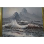 Gilt framed oil on canvas, mountain and sea scene,