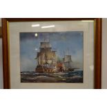 Framed oil on board depicting vessels at battle