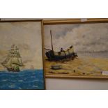 Two framed oil on board paintings depicting ships