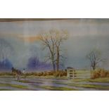 Framed watercolour, rural scene with plough horse