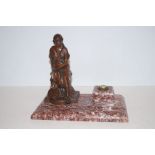 Bronze marble ashtray inkwell with bronze figurine