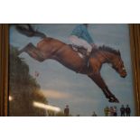 Framed oil on board, depicting jockey and horse wi
