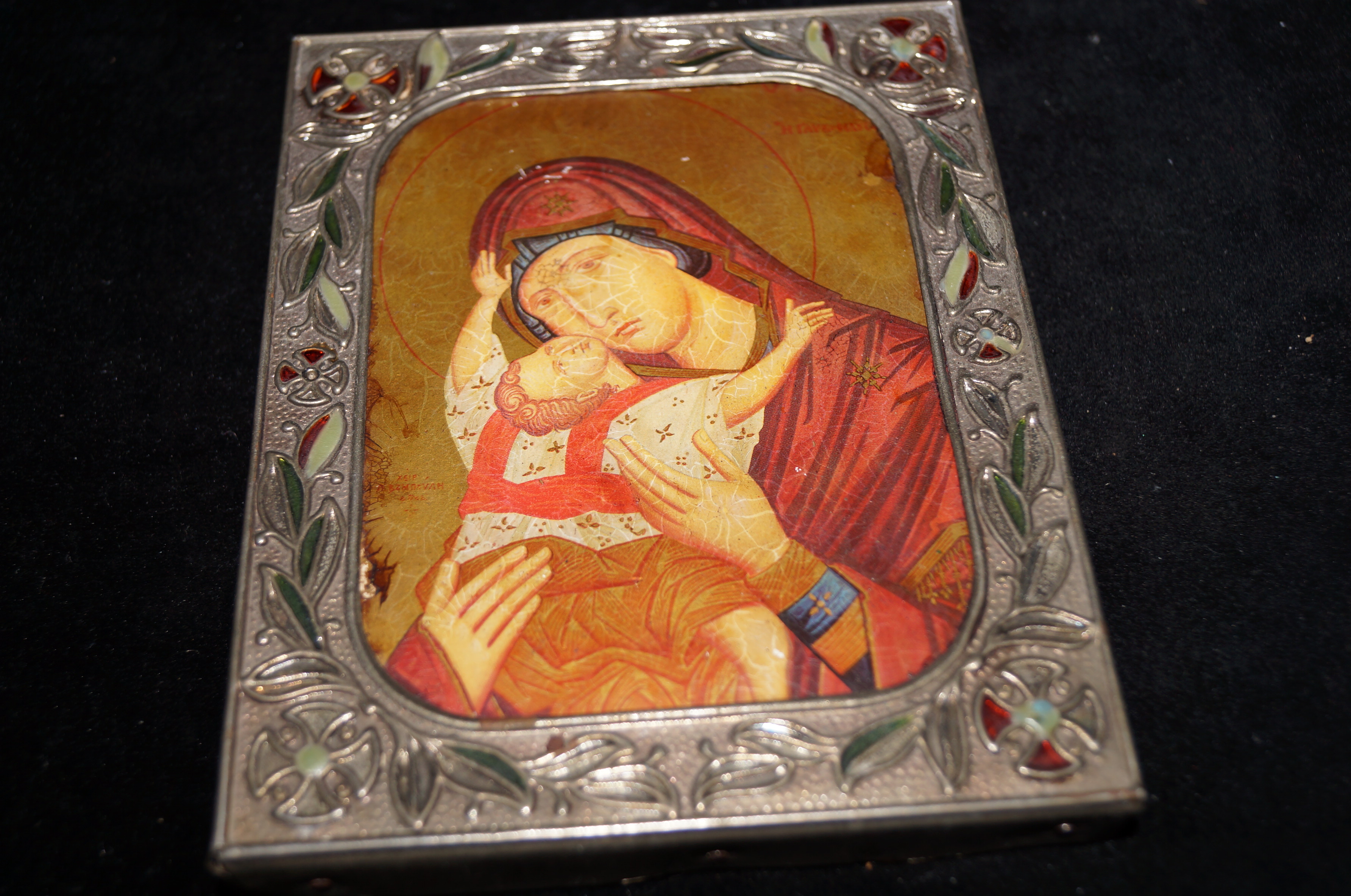 Early religious picture and enamel frame