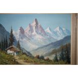 Framed oil on canvas mountain scene