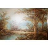 Framed oil on canvas river & forest scene