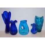 Collection of 5 Blue Art Glass Vases