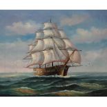 An oil painting of a sailing ship, signed lower right,