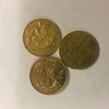 Three half sovereigns, a 1878 London shield back,