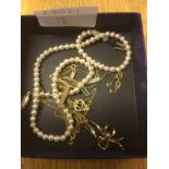 A gold necklace; together with an emerald and diamond pendant, pearls,