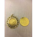 A 1794 holed guinea and 1909 Melbourne Mint half sovereign in a 9ct pendant mount