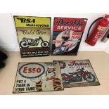 Four large tin signs: Esso, Indian,