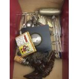 A box of odds to inc a 19th century miniature, miner's box, EPNS,