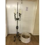 A retro four-branch standing light with silk fabric shade, wrought iron,