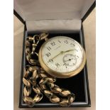 A 9ct Albert chain and gold plated Waltham pocket watch;