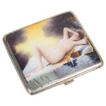 A Continental Alpaca and Enamel Erotic Cigarette Case: The cover depicting a naked lady reclining