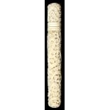 A Canton ivory needle case: 19th century, decorated with a dense high relief carving throughout.