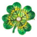 A 15ct Enamelled Gold Four Leaf Clover Brooch: 1930s, with diamond set to the centre,