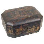 A Japanese tea caddy: Late 19th century, black laquered decorated with pagoda,