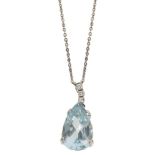 A 14k Gold Aquamarine and Diamond Pendant: The aquamarine approx 3.