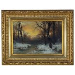 Gustav Meissner (German, 1830-1930): A wooded winter river landscape, oil on canvas,