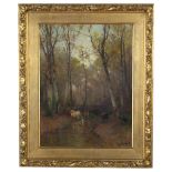 Gustav Meissner (German, 1830-1930): Cattle watering in a wooded river landscape, oil on panel,