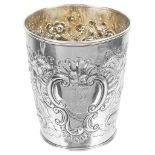A George III Silver Beaker: Date letter worn, tapering form with later decoration,