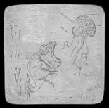 A Martin Brothers Tile: The top with incised fish designs,