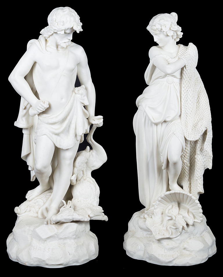 A Pair of Parianware Figures: 19th century, "La Peche" & "La Chasse",