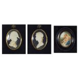 A Quantity of Miniatures: To include a pair of wax relief silhouettes of a gentleman,