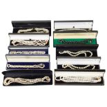 Ten Boxed Cultured Pearl Necklaces: With gold clasps,