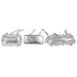 Three Antique Silver Wine Labels: Different dates and makers, incised "W Wine",