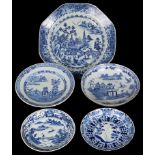 A collection of Chinese blue and white plates: To include an octagonal plate depicting figures by a