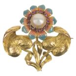 An 18k Gold Sunflower Brooch: With enamelled leaves surrounding diamonds and a natural pearl