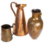 Three Copper Items: To include a copper ewer/pitcher, embossed with scrolling foliage,