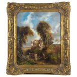 Norwich School (19th century): A house in a wooded river landscape with figures & cattle,