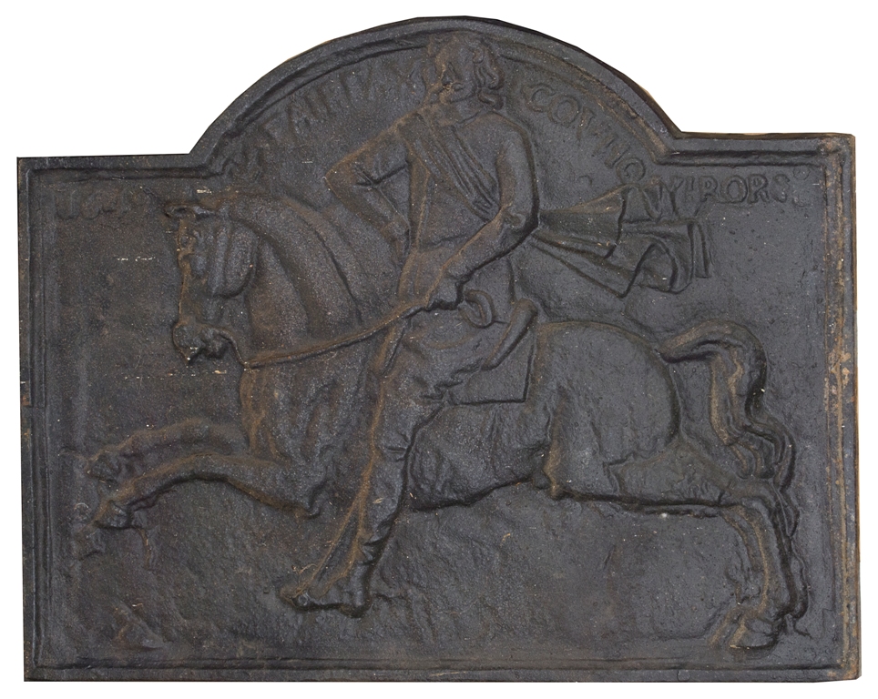 A 17th Century Cast Iron Fireback: Dated 1649, depicting General Fairfax on horseback,