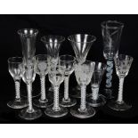 Twelve 18th/19th Century Glasses: Spiral twist stem wine or cordial/toast glasses,